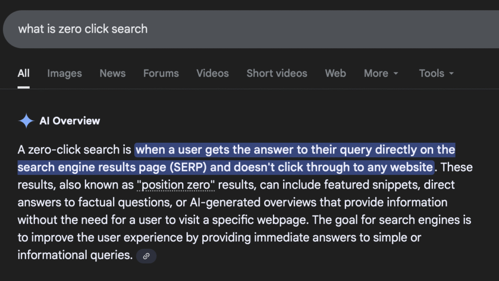 Zero click search ierakstīts google meklētājā